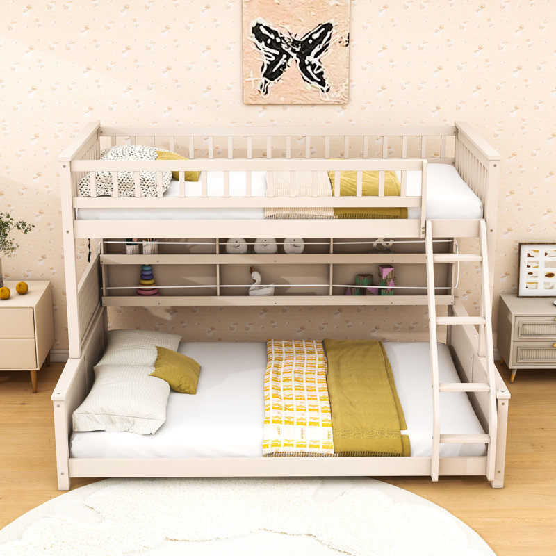 Lit superposé avec lumières, panneau perforé et tablette de rangement, Lit simple très long sur grand lit, Beige