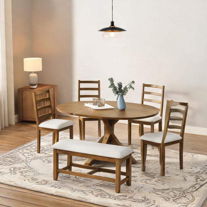 Ensemble de salle à manger extensible en bois massif avec banc et 4 chaises, 6 pièces, table de 60 pouces beige brun