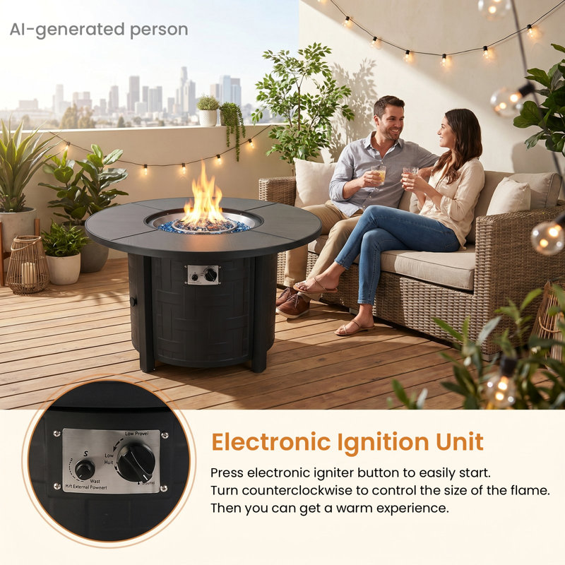 42" Round Propane Fire Pit Table, 50,000 Btu Outdoor Auto-ignition Gas Firepit With Removable Lid & Waterproof Cover, Glass Decoration