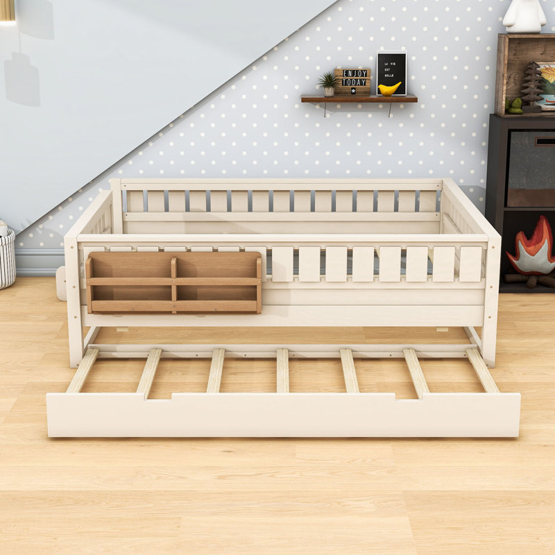 Lit en bois avec bibliothèque et lit gigogne simple TG, Queen, Beige