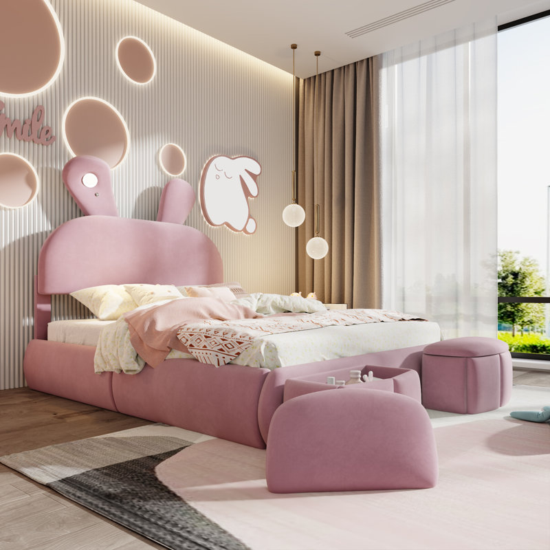 Lit plateforme tapissier avec oreilles dessinées et tête de lit légère, Lit double