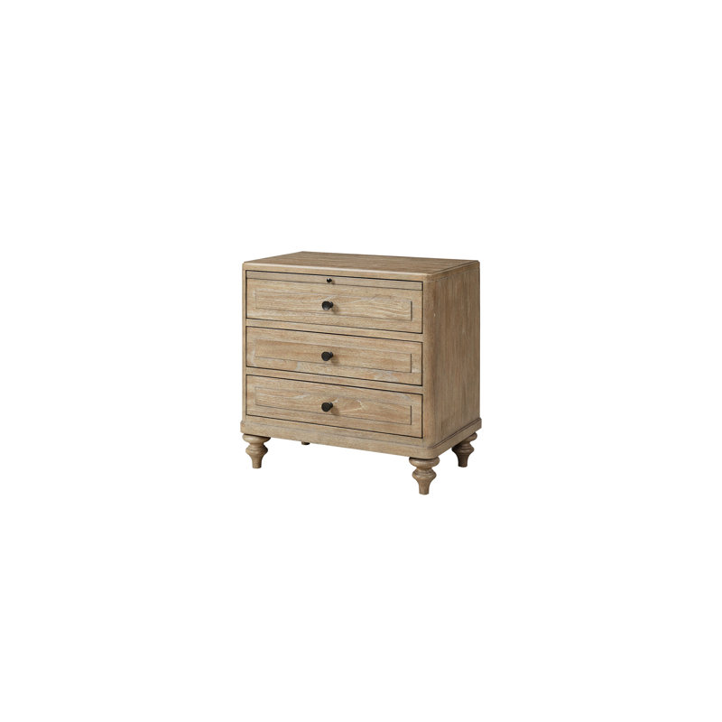 Table de chevet 3 tiroirs couleur sable, bois massif +, tiroir supérieur doublé de feutre, fond, ports de chargement A et C, 27,71 po Finition haute, ports C inférieurs, H, 16,92, 27,77