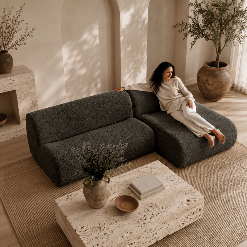 Causeuse modulaire incurvée de 92 po avec méridienne, siège à boucle profonde en sherpa, à compression, sans assemblage