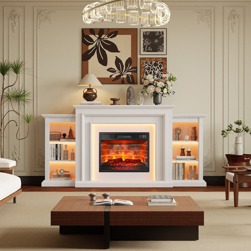 72-Inch Electric Fireplace TV Stand with Mantel and LED Flames – Fits Up to 80-Inch TVs, Storage Media Console with Remote Control