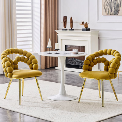 Set Of 2 Yellow Velvet Dining Chairs With Gold Legs, Modern Upholstered Accent Chairs For Dining Room & Kitchen