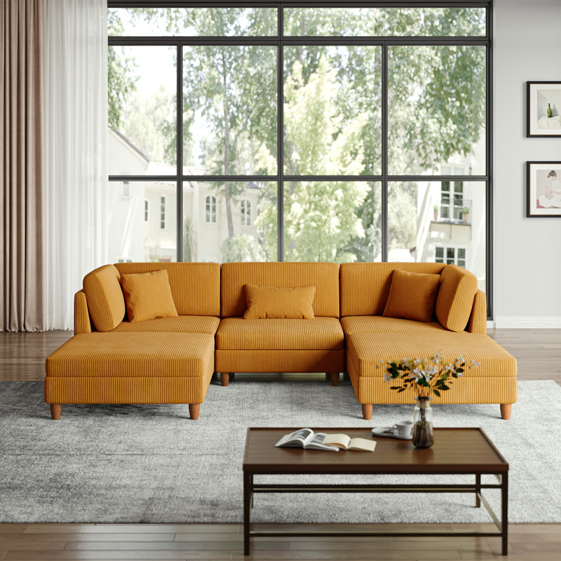 Seemab 5 - Piece Upholstered Orange Corduroy Modular Sectional with Pillow Back and Removable Ottoman, Orange