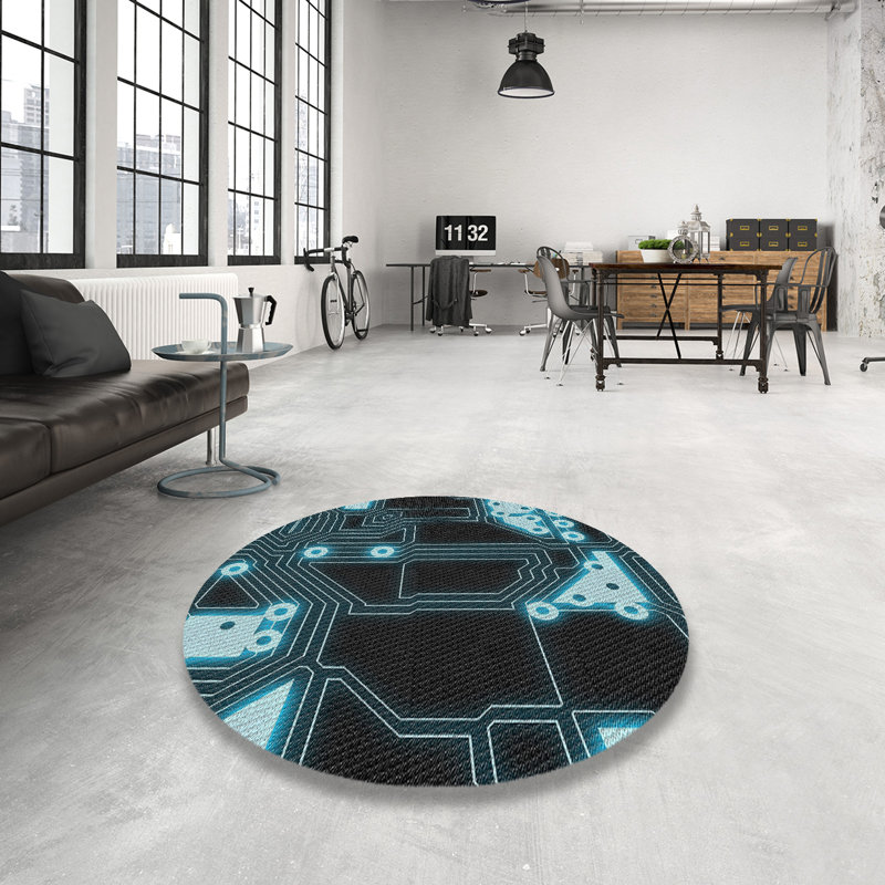 Tapis à motifs bleu marine / noir, Rond 6 pi