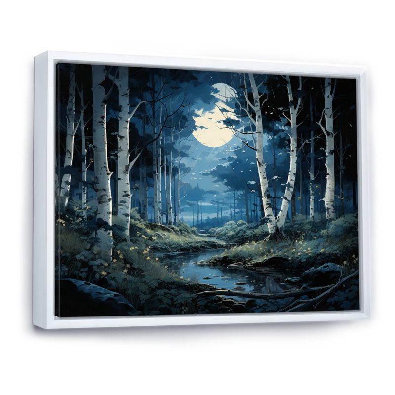 Birch Woods Moonlit Symphony IV sur impression sur toile, H 16 po x l 32 po x P 1 po, Cadre flottant blanc