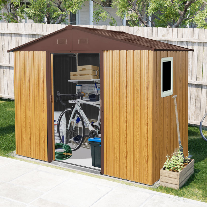 8X4 Ft Metal Storage Shed For Backyard - Coffee. , With Foundation. Comes Lock, Gloves & Accessories Ease 8 Ft X 4 Outdoor In Stable, Air Vents. Has Lockable Door, Window Foundation Security