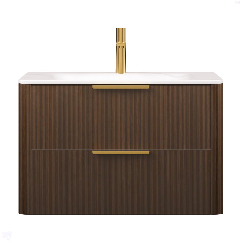 Meuble-lavabo 30 avec lavabo, armoire de rangement flottante en contreplaqué ultra-rayé avec tiroirs, lavabo intégré en pierre frittée blanche Carrara, pré-assemblé