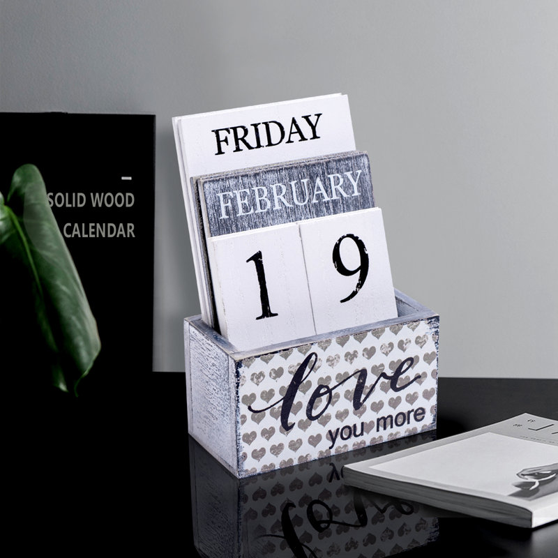 Calendrier perpétuel avec blocs en bois et calendrier en bois rétro pour les accessoires de bureau à domicile, Love You More