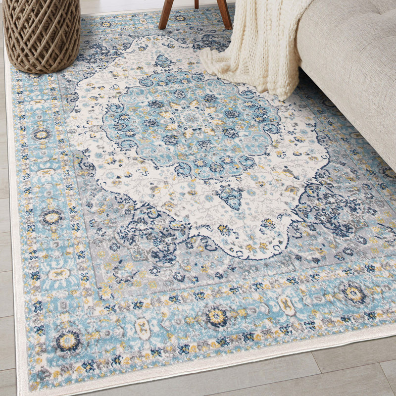 Barlow Oriental Cream/Blue/Yellow Indoor Rug, Rectangle 3'3" x 5'
