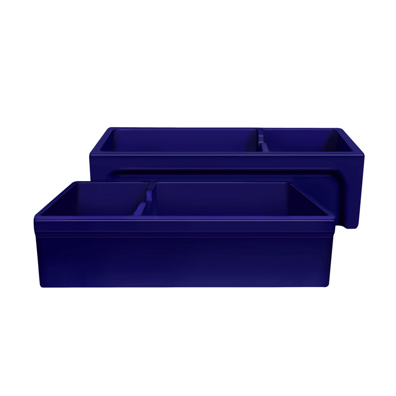 Glencove Fireclay 42" x 20" Double Bowl Reversible Sink with Beveled Front Apron and a Decorative Lip on the Opposite Side