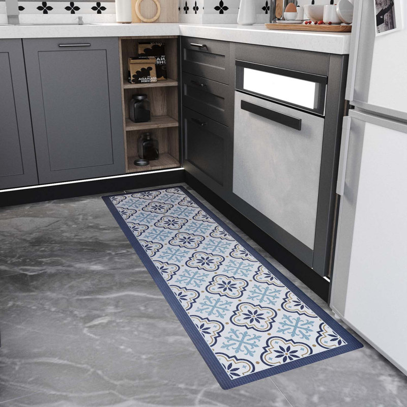 17,72 po X 59,06 po Tapis de sol antidérapant en cuir bleu Pu, tapis anti-fatigue pour cuisine, tapis imperméable antidérapant