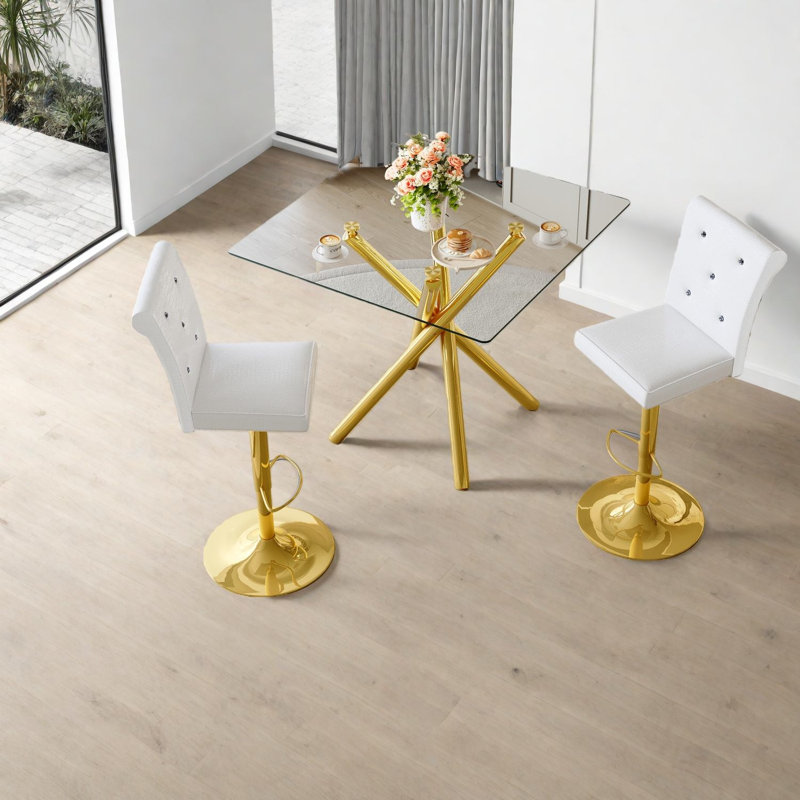 Space-saving Modern Patio Bar Sets, Metal Gold Frame, White Leather For Home Bar