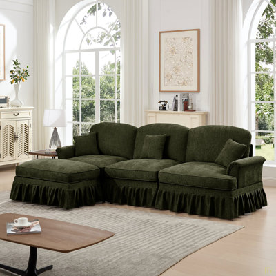 Mid Century Three Seater Modular L Shaped Sectional Couch With Flared Arms And Removable Ruffles Pleats Skirts And Spindle Legs, Comfy Chenille 3-Seat Deep Seat Sofa With Movable Ottoman