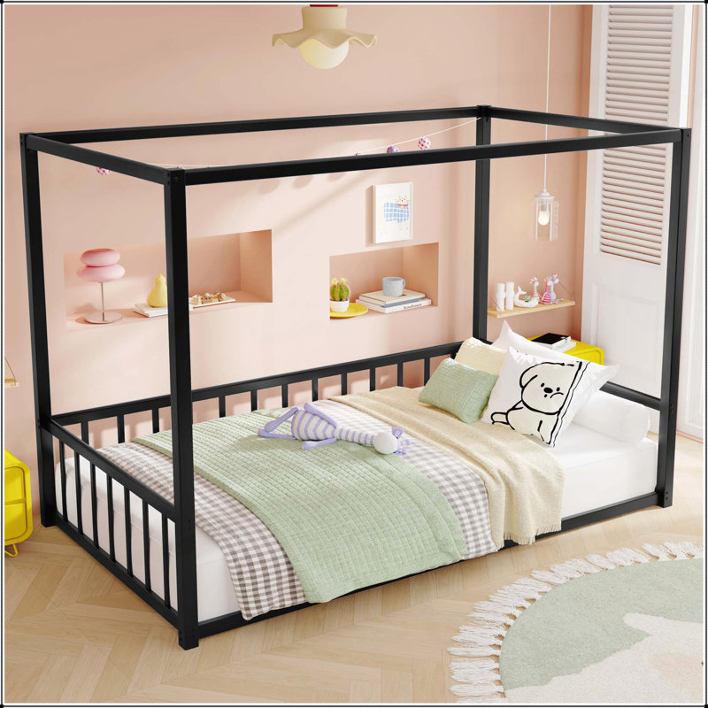 Sturdy Iron Bed with Protective Rails and Versatile Design, Twin