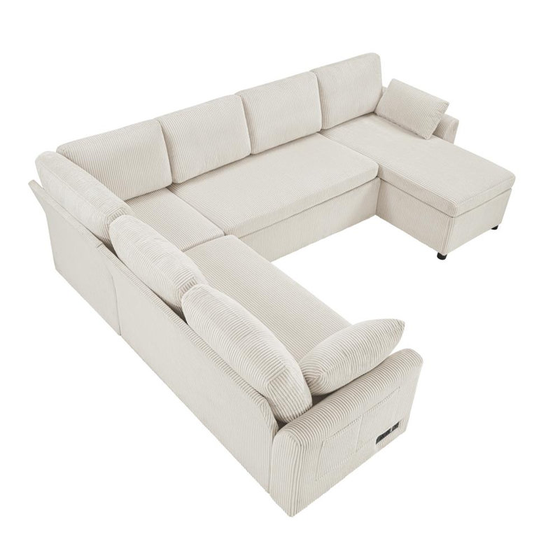 U-shaped Sectional Sofa with Storage Pockets, Convertible Sofa Bed, Corduroy - Beige
