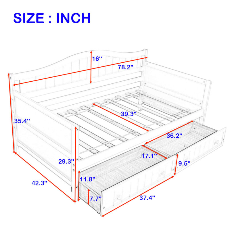 Crotts Twin Size Two Drawers Wooden Daybed, Gray