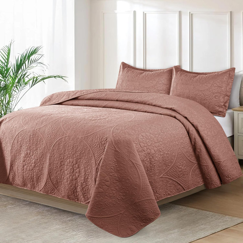 Lightweight Summer Bedspreads - 3 Piece Oversized Quilt Set - Reversible Coverlet Set - Twin Size, Mocha Brown Floral