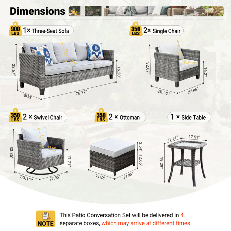 Ensemble de conversation avec canapé en rotin 8 pièces et coussins 8 pièces, gris