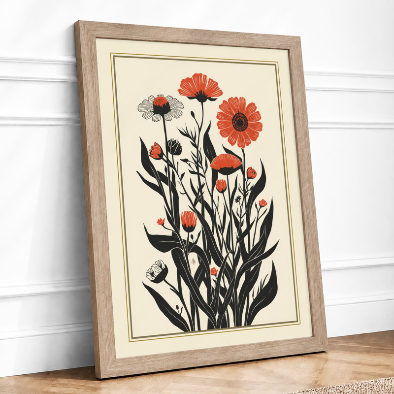 Red Blooms On Stem Botanical - Print, A1 - 84.1 x 59.4 cm, Oak