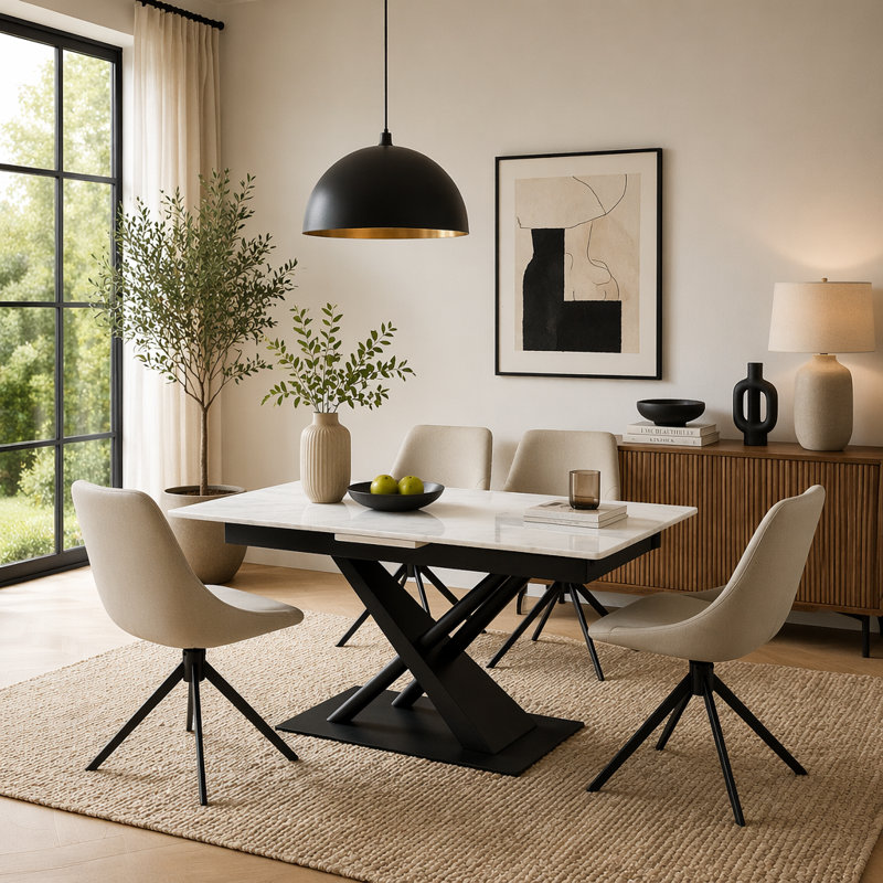 Table de salle à manger extensible moderne, plateau de table en placage de fibres à densité moyenne avec base en métal en forme de X, table de salle à manger de cuisine imperméable et résistante aux égratignures pour les espaces contemporains