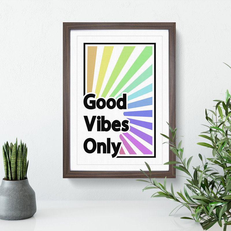 Good Vibes Only Rainbow - Picture Frame Typography, Walnut Framed, 65cm H x 48cm W x 2cm D
