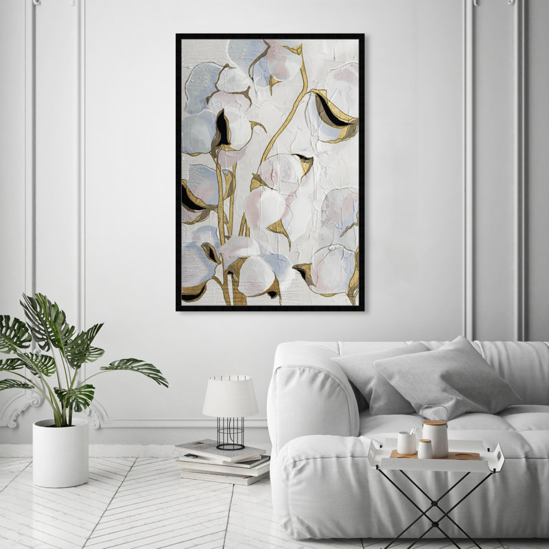 Golden Stem Floral - peinture encadrée sur papier, H 56 po x l 38 po, Cadre noir