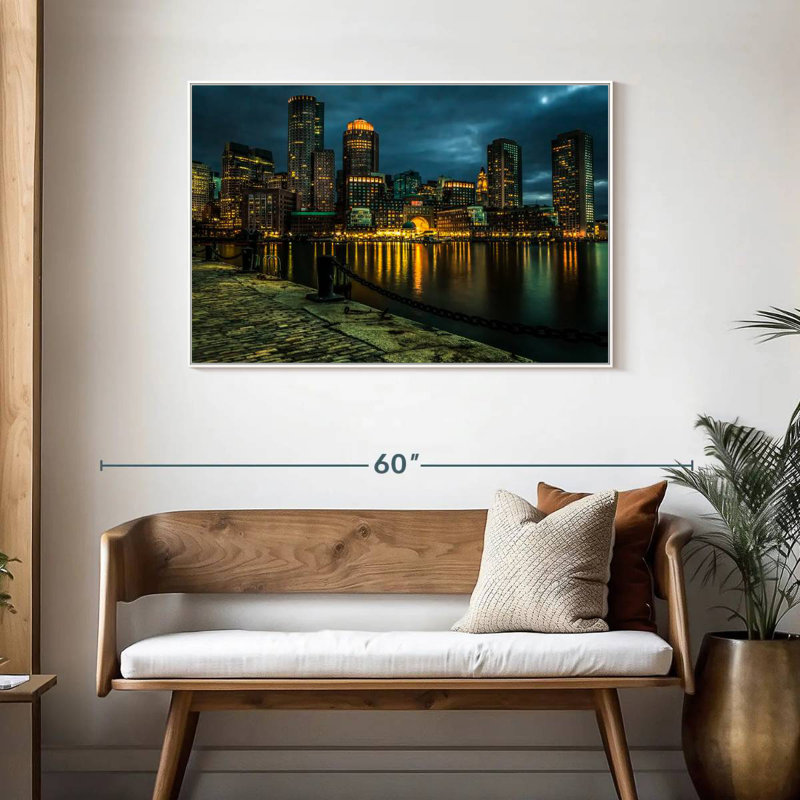 Silhouette de Boston la nuit, 19 po x 13 po, Cadre flottant blanc