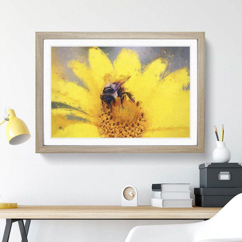 Bee Collecting Pollen in Abstract - Picture Frame Painting Print on MDF, 36cm H x 48cm W x 2cm D, Oak Framed