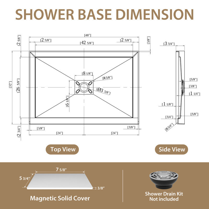 VEVOR 48" x 32" White Acrylic Shower Base, Center Drain, Non-Slip Surface, 3 3/4" Low Threshold, X-Type Sloped Drainage Design, Magnetic Solid Cover Included