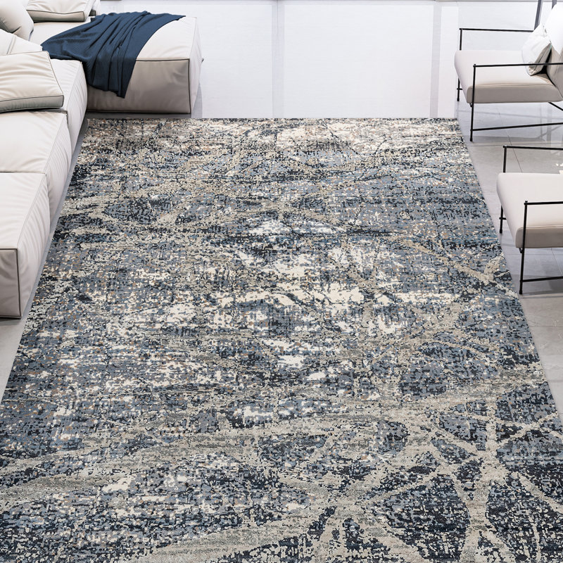 Hand Knotted Abstract Area Rug in Silver/Gray/Ivory, Rectangle 8' x 10'