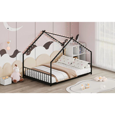 Structure de lit pleine grandeur noire pour lit en fer, avec bandes à DEL, 78,5 po x 55,9 po, 58,4 po, charge de 350 lb, installation rapide L 58,5 po, capacité de poids, conception basse