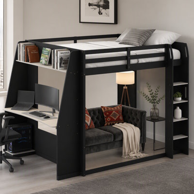 Queen Size Wooden Gaming Bunk Bed with Desk,Two Storage Shelves,USB and LED Light,Black+Red