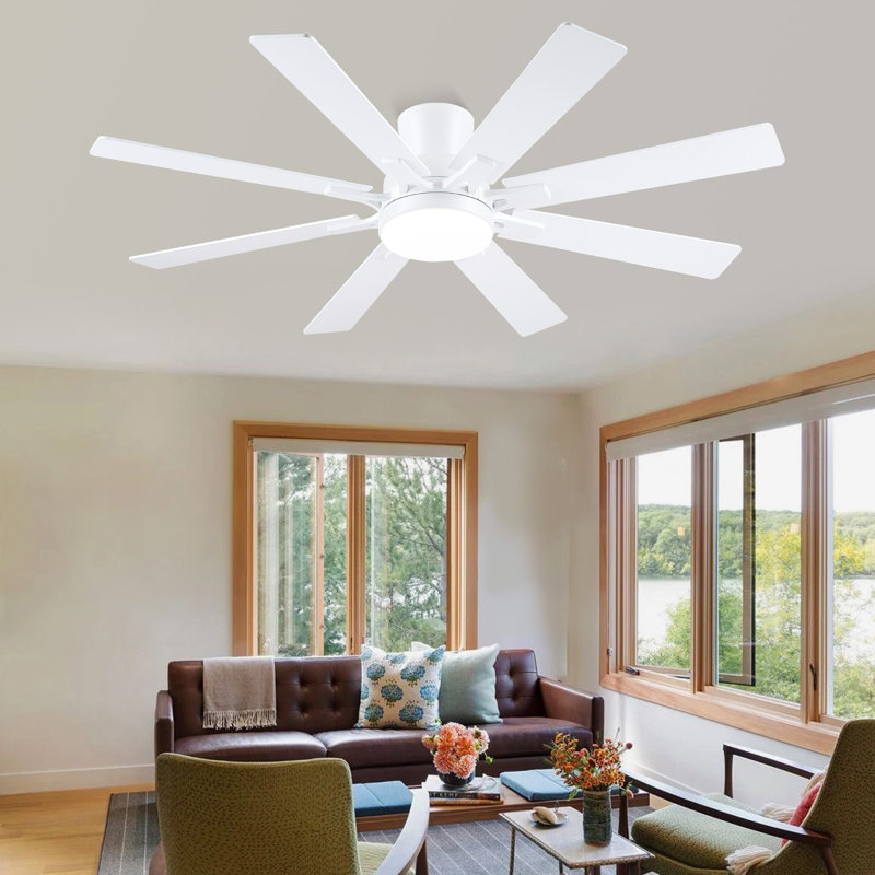 52" 8-blades Flush Mount Indoor Ceiling Fan With Light And Remote/app Control, White