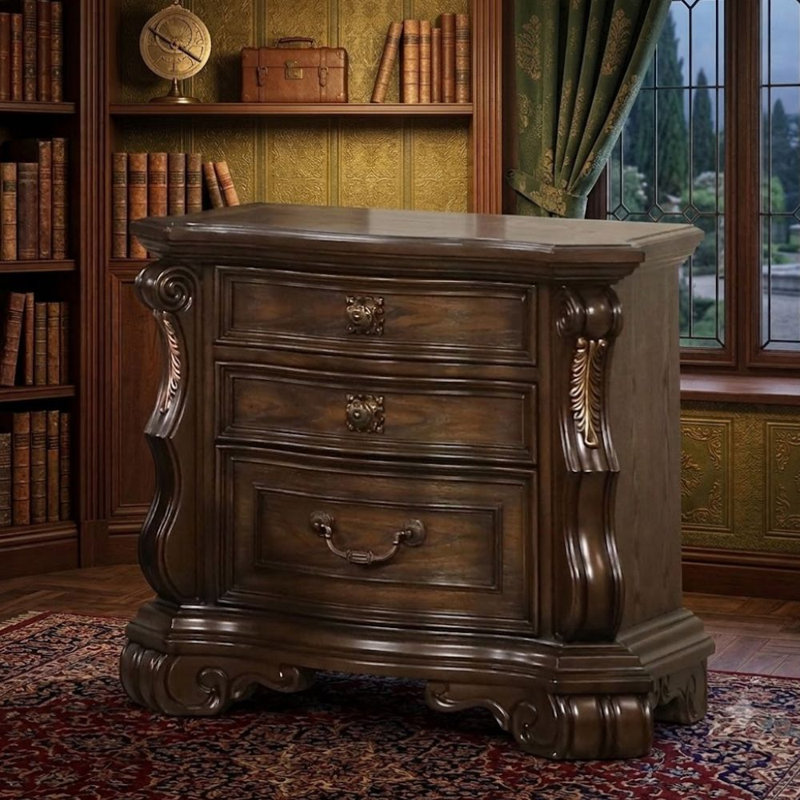 Table de chevet Leova, 2 tiroirs, USB A-C, bois brun foncé de 31 pouces