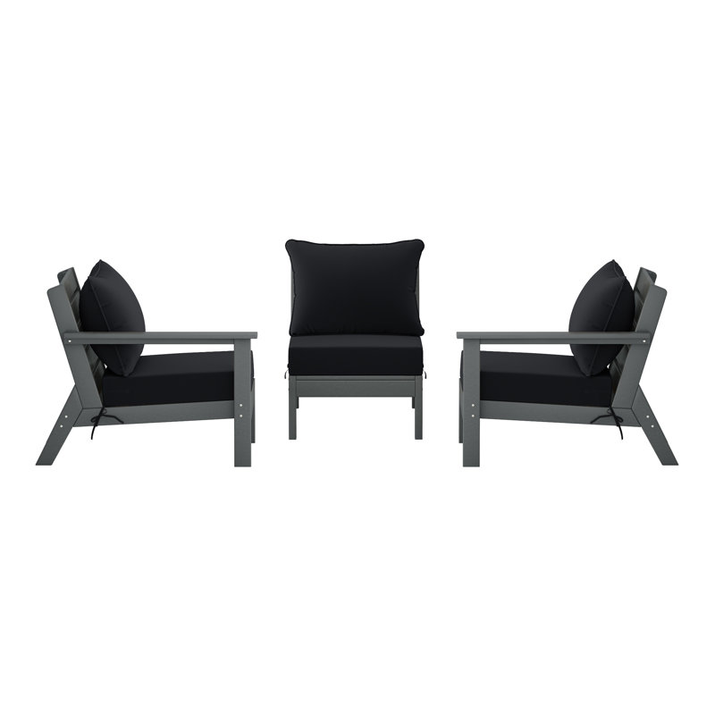 3-Piece Deep Seating Set With Cushions, Gray, Black