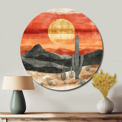 Rétro coucher de soleil sur les lignes du désert - Art mural rond en métal