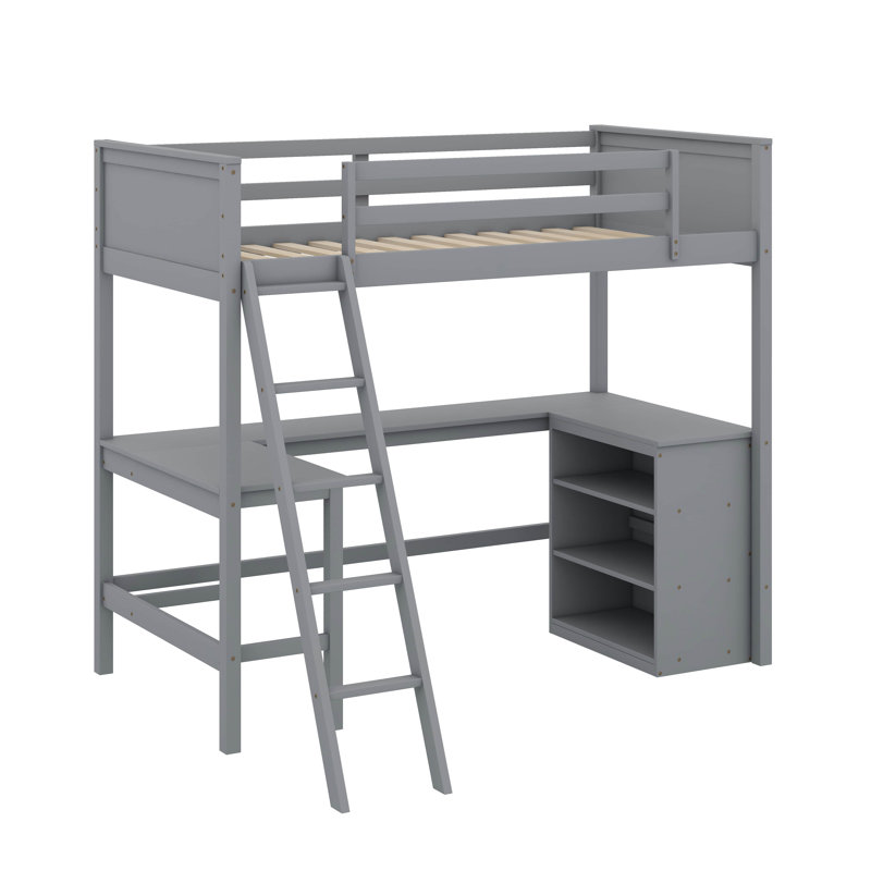 Lit mezzanine simple avec tablettes et bureau, Gris