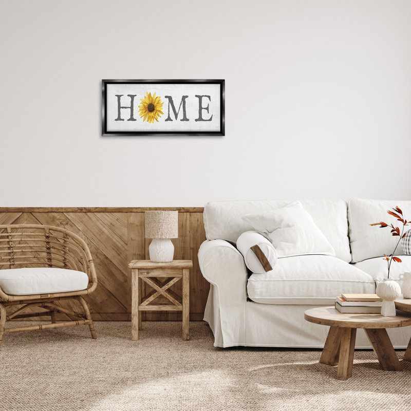 «Rustic Home Text with Sunflower» par Daphne Polselli, Cadre flottant noir de jais, H 11 po x l 25 po
