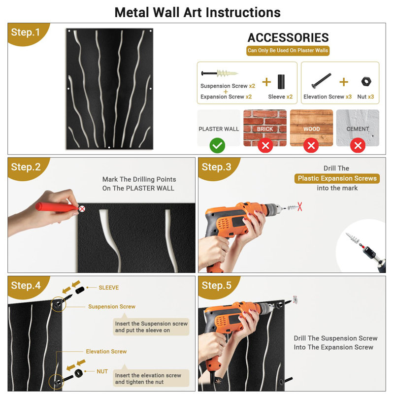 Décoration murale en métal, Noir, H 24 po x l 12 po x P 0,05 po