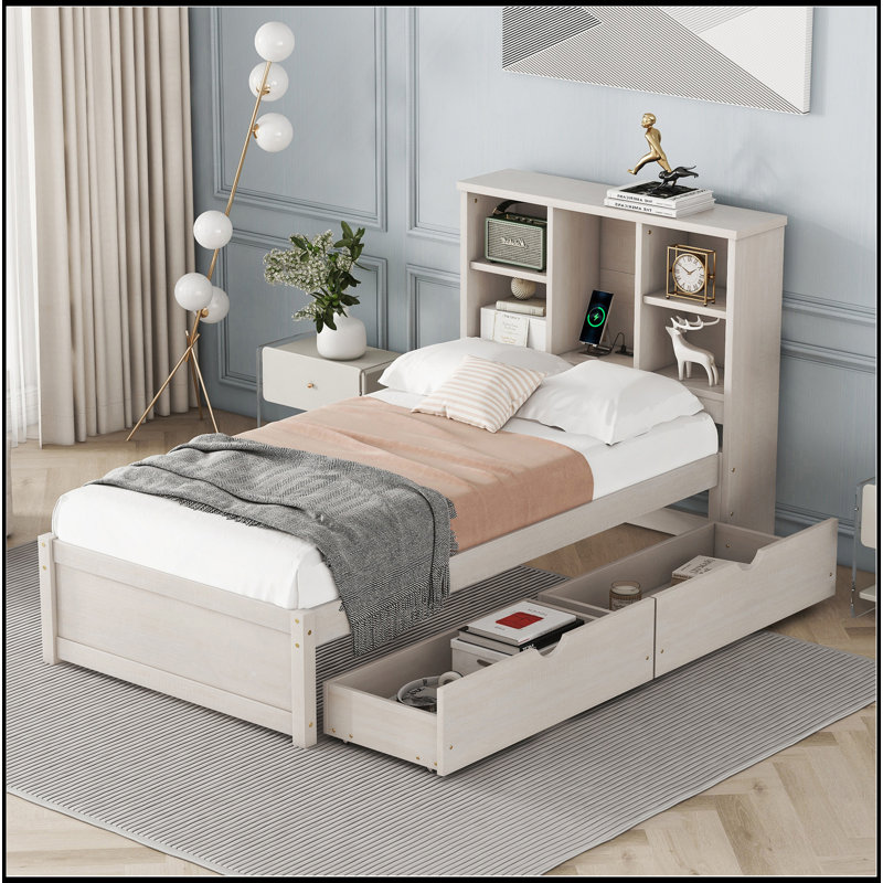 Élégante base de lit simple avec port USB, tiroirs et tête de lit bibliothèque, Blanchies