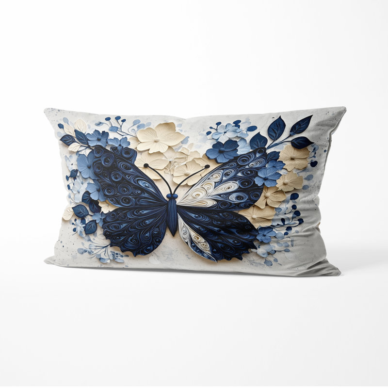 Blue And White Butterfly In Bloom Decorative Accent Pillow - Animals Printed Throw Pillow, 12"H x 20"W