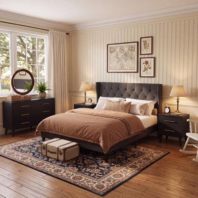 4-Pieces Bedroom Set with Tufted Upholstered Bed, 2 Nightstands & 6-Drawer Dresser