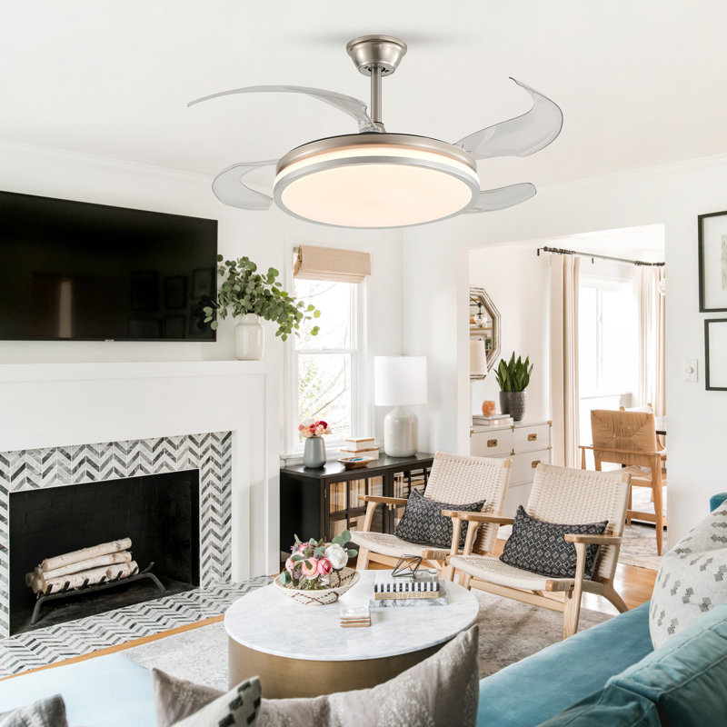  42" Retractable Ceiling Fan With Dimmable LED Light, Remote, 6-Speed Reversible Motor Fan