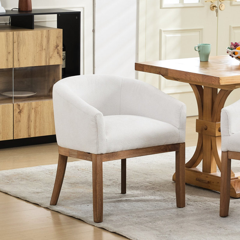 Mid Century Chair With Arms, Linen Upholstery, Rubberwood Frame, Single Pack, Beige, For Home Office And Living Areas Style Upholstered Dining, Linen, Legs, Streamlined Silhouette