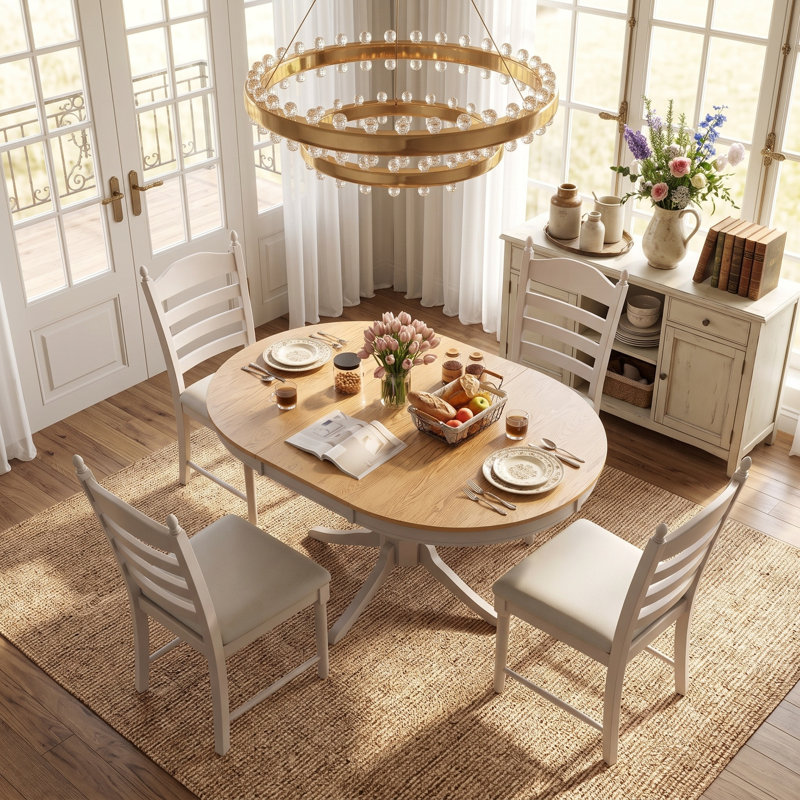 Ensemble de table de salle à manger à piédestal rétro pour 4 personnes avec chaises à dossier échelle rembourrées, ensemble de salle à manger en bois massif 5 pièces