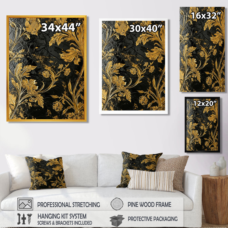 Feuilles d'or, botanique, rétro, salon, art mural, H 20 po x l 12 po x P 1 po, Toile tendue