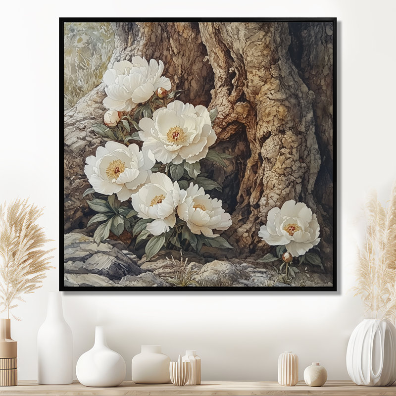 Pivoines près du vieux chêne I - pivoines, art mural, Impression encadrée flottante, Noir, noir, noir, noir